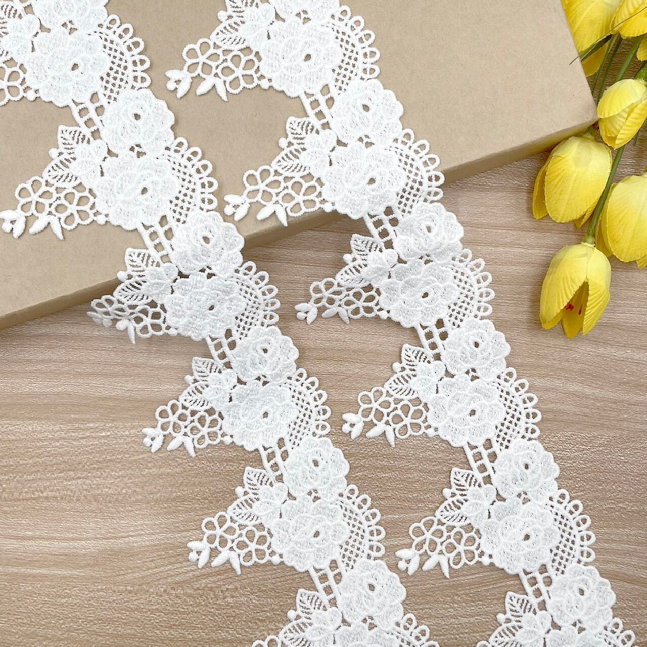 VL 6623 White Wide Venice Lace Trim Rose Flower and leaves, 3” (76mm) x 2 yards. perfect for DIY crafting, sewing